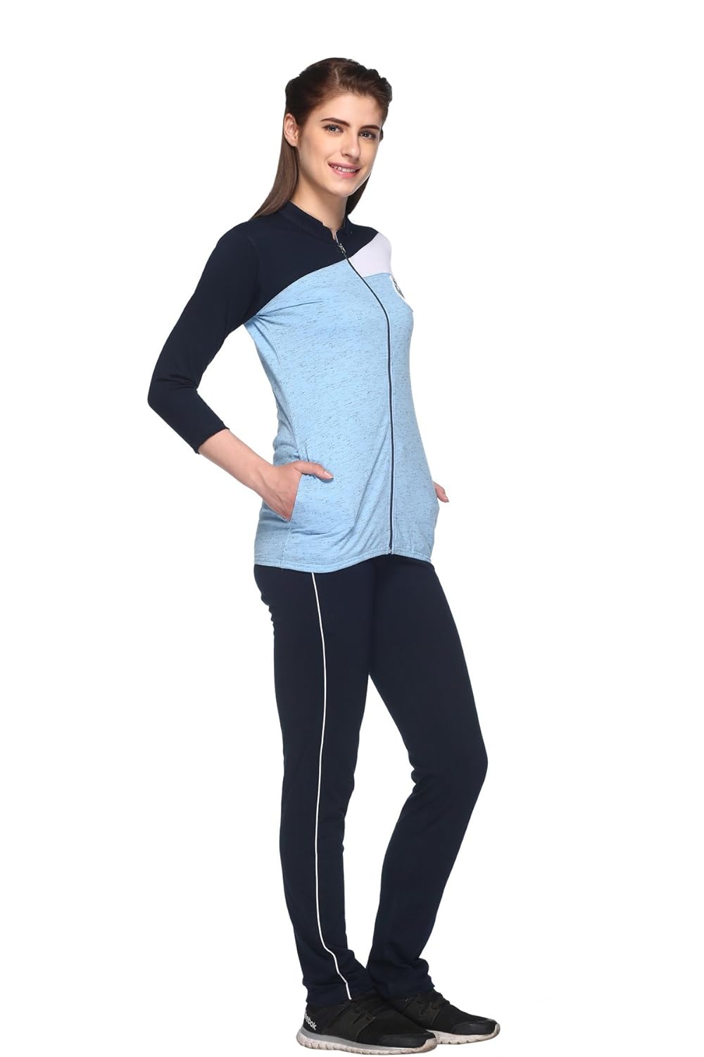 ex10sive women's front zipper cotton blended active wear top and bottom set