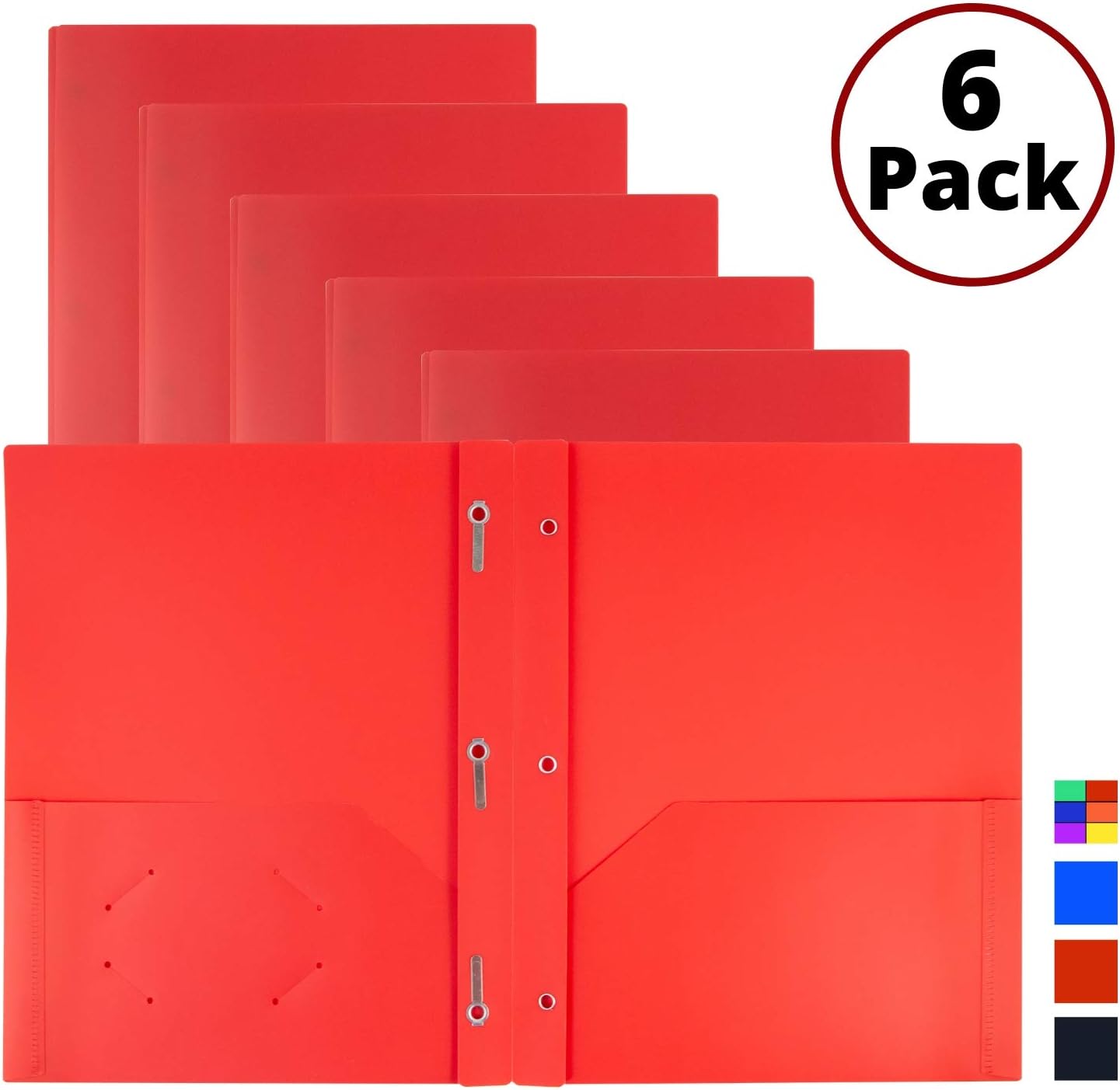 Red 3Prong Plastic Folders with Pockets (6 Pack), 3 Prong