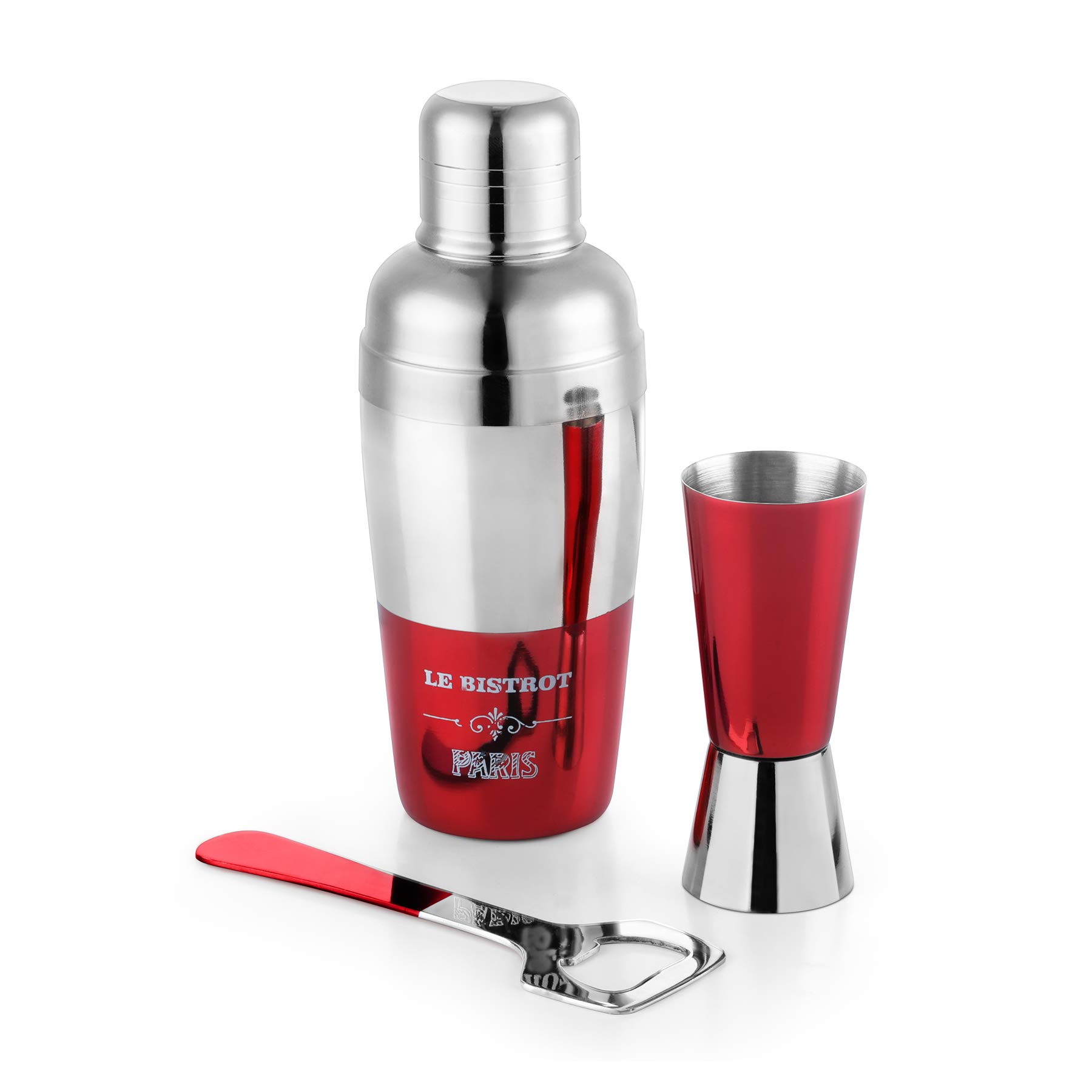 Urban Chef Bartender Red Lacquered Kit Stainless Steel 3 Pcs Bar Accessories Set- Cocktail Shaker, Jigger, Opener