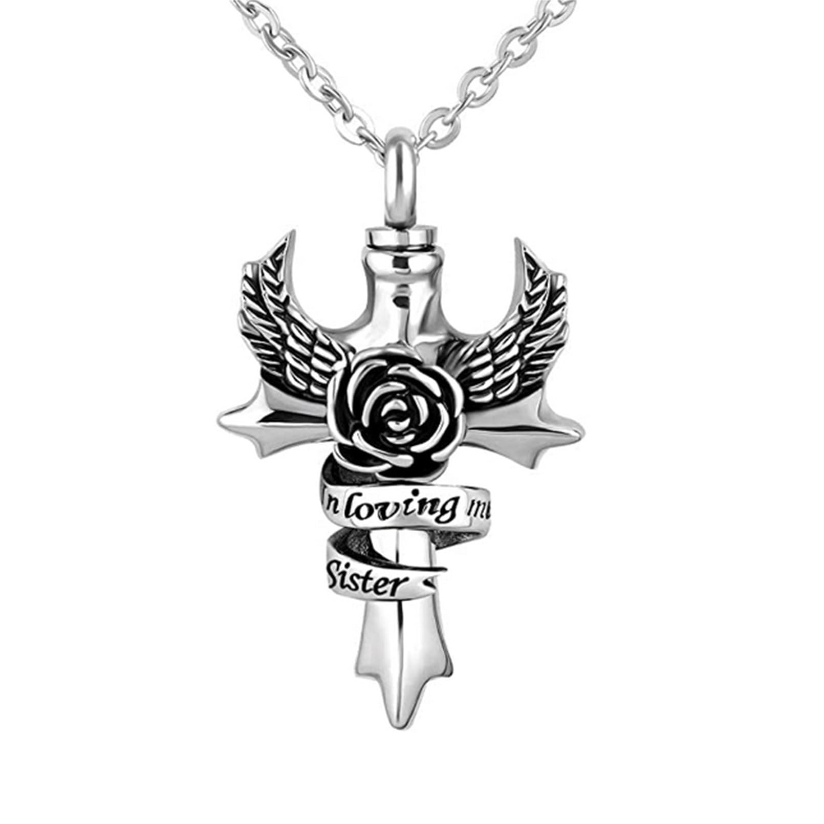 LSxAB Memorial Cremation Keepsake Urn Necklace for Ashes Sister Angel Wing Cross Pendant to Hold Ashes