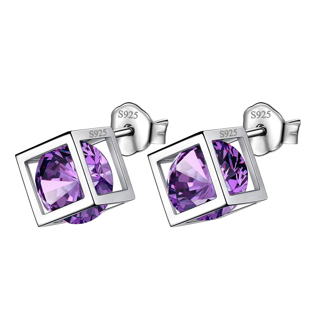 Aurora Tears February Birthstone Earrings 925 Sterling Silver Purple Amethyst Square Birth Stone Stud Earring Jewellery Gifts for Women and Girls DE0028F