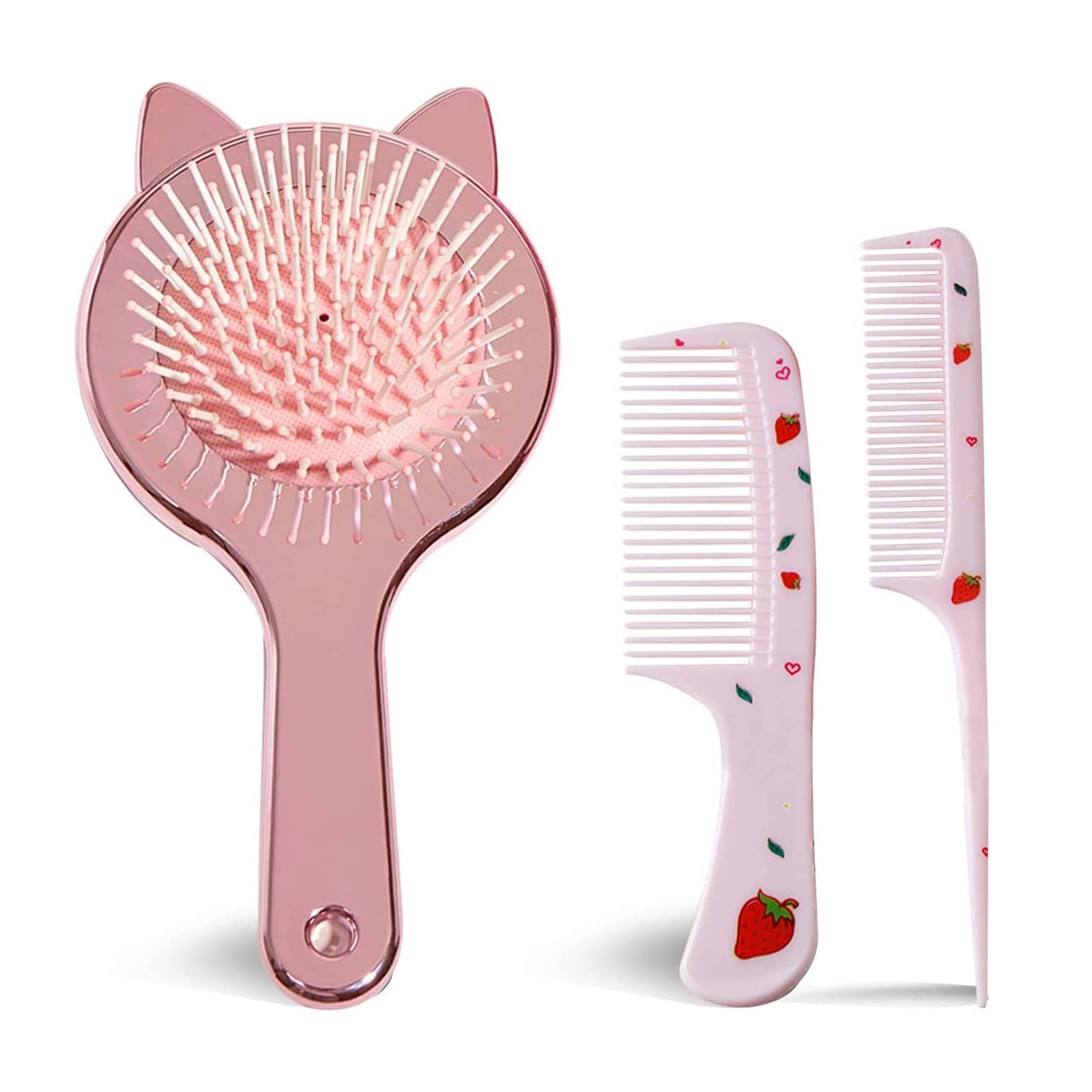 Girls Detangle Hair Brush Set, Detangler Brush and Comb Set for Girls Wet Dry Hair, Cute Shiny Airbag Massage Comb, 3pcs (Rose Gold)