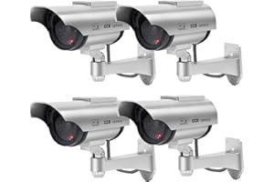 F FINDERS&CO Solar Powered Dummy Security Camera, Bullet Fake Surveillance System with Realistic Red Flashing Lights and Warning Sticker Indoor Outdoor (4, Silver)