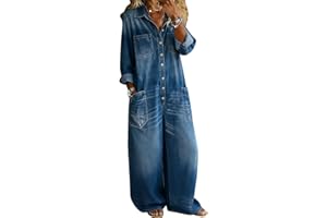 TACSTRUN Women's Oversized Denim Jumpsuit Long Sleeve Button Down Wide Leg Jean Romper with Patch Pockets