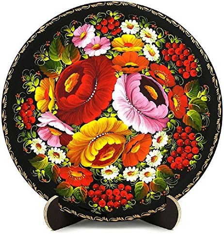 Ukrainian Folk Art Petrikovka Style Wooden Hand Painted Round Platter - Fireplace Decor Idea from the Heart of Ukraine - Floral Decorative Plate on Stand