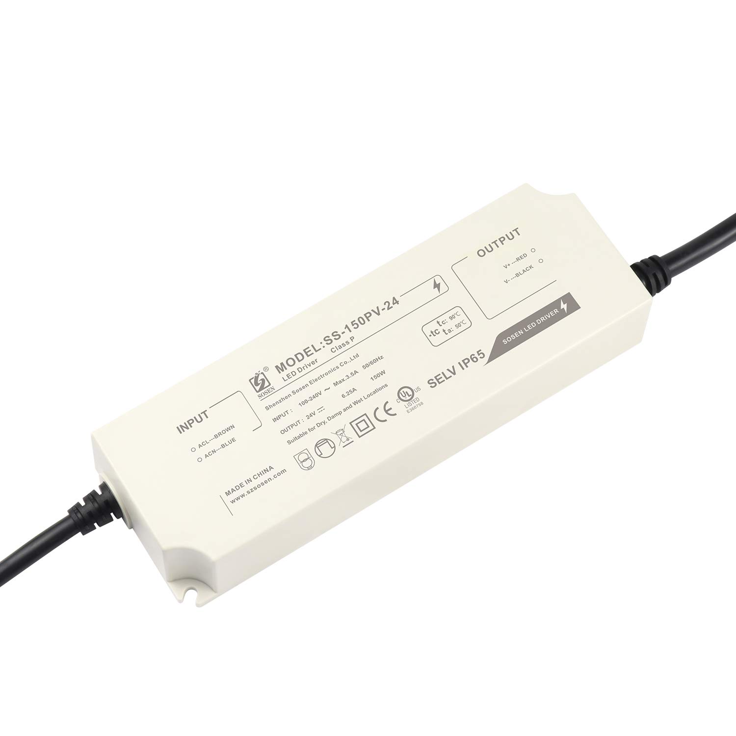 LIGHTEU®, Sosen Transformer LED Power Supply - 150W, 24V DC, 6.25A - IP65 Constant Voltage for LED Strip Lights and G4, MR11, MR16 LED Light Bulbs