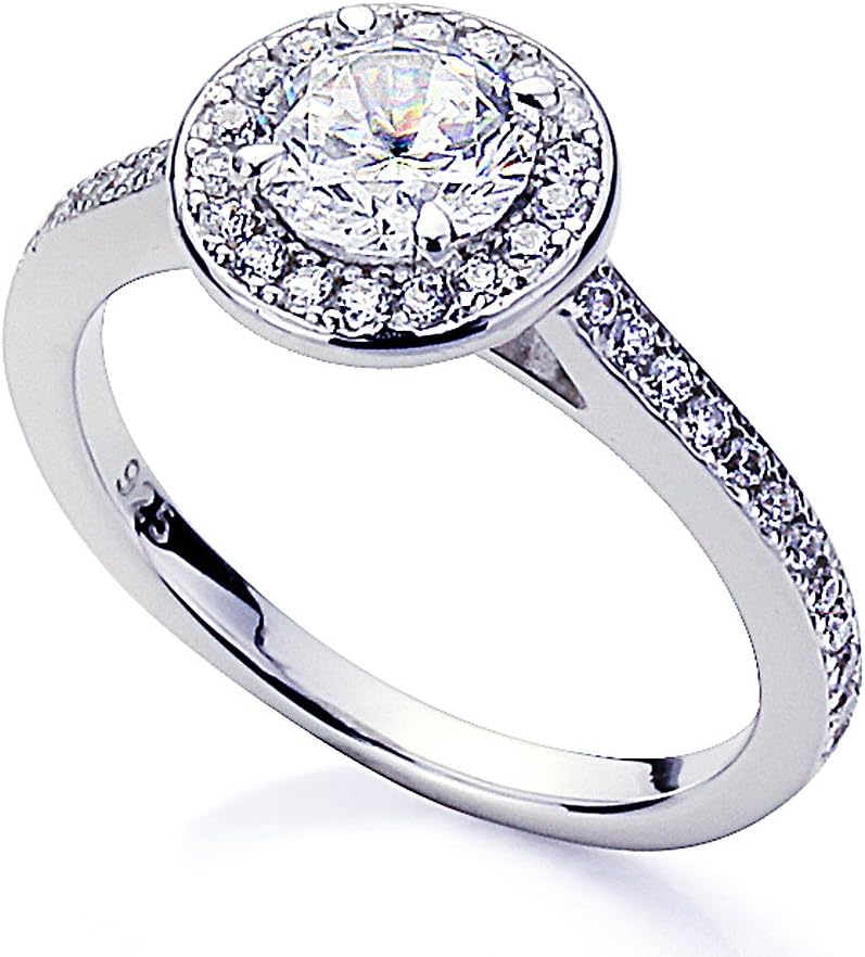 Platinum Plated Sterling Silver Ring 1 carat Stunning Round CZ Stone Halo Wedding Engagement Ring (Size 5 to 9)