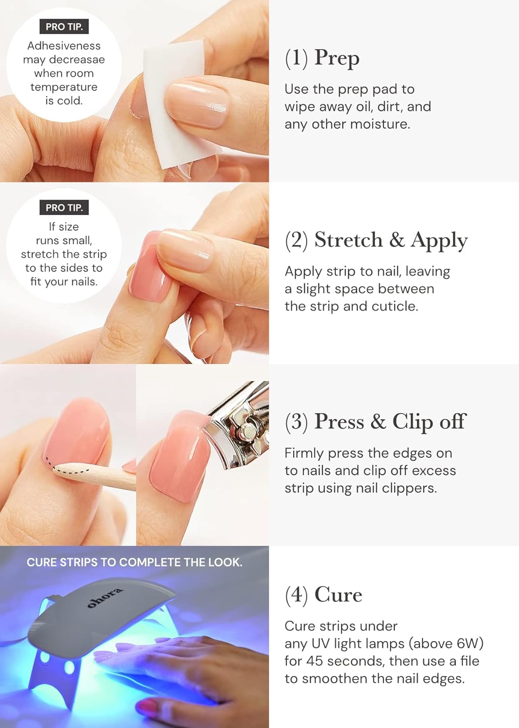ohora Semi Cured Gel Nail Strips (N Bare Pink) - White, Solid, Works with Any UV/LED Lamps, Salon-Quality, Long Lasting, Easy to Apply & Remove - Includes 2 Prep Pads, Nail File & Wooden Stick - Image 8