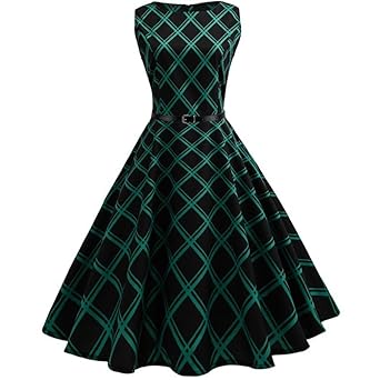 BakeLIN Kleid 50er Jahre Rockabilly Damen Vintage Blumendruck Plaid Bodycon Ärmellos Casual Abend Prom Swing Kleid Röcke Pett