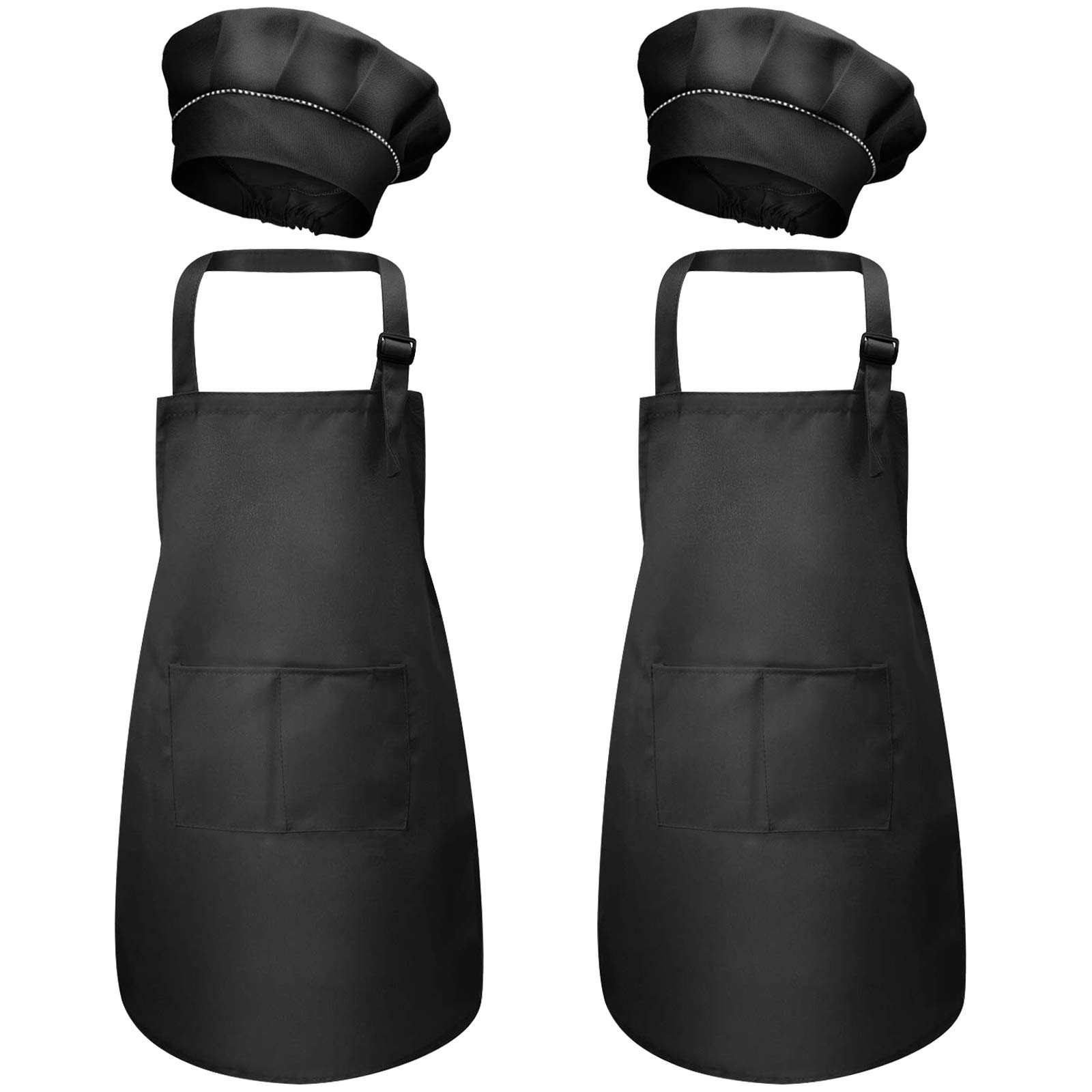 4 Pcs Black Kids Apron and Chef Hat Set, Adjustable Children Aprons with Pockets for Boys Girls, Kitchen Garden Bib Aprons, Toddler Chef Apron for Baking Cooking Crafting Painting (M for 3-6 Age)