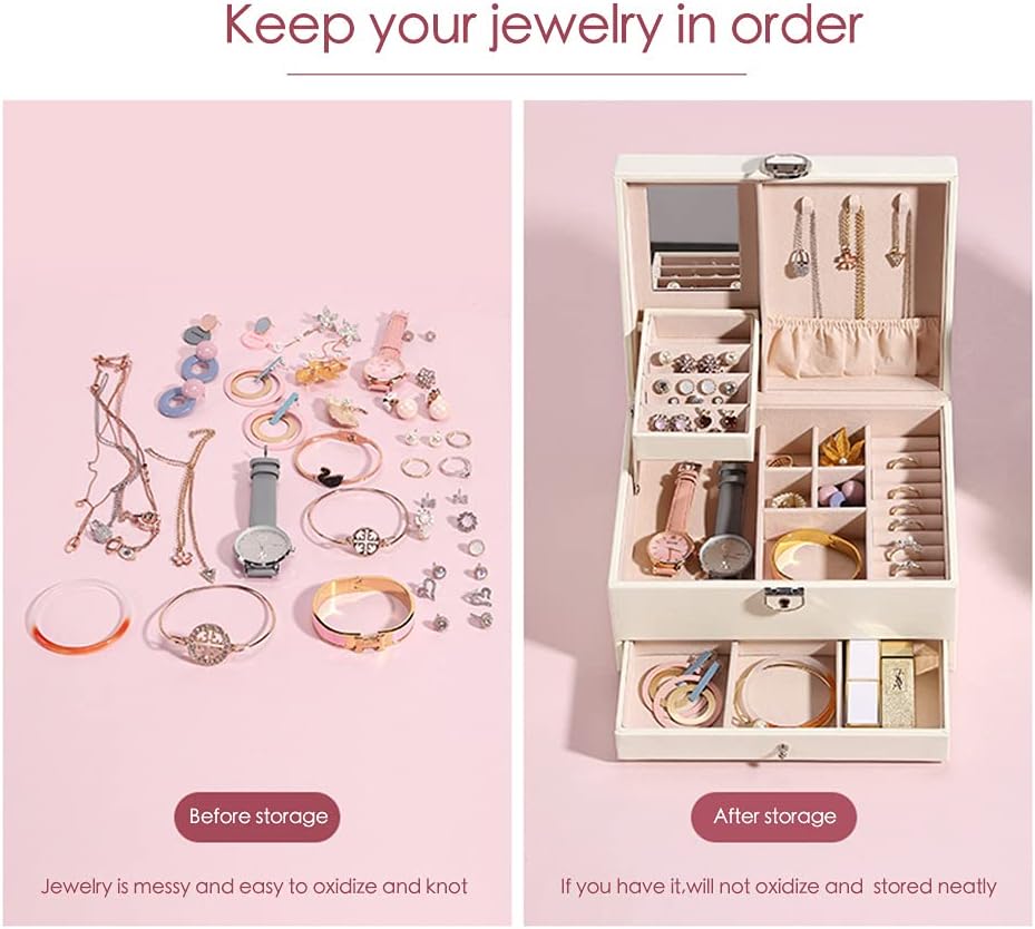 Lockable Jewelry Box,3-layers PU Leather Jewelry Organizers for Women ,Jewelry Display for Rings Earrings Necklaces Watches, White: Home Improvement