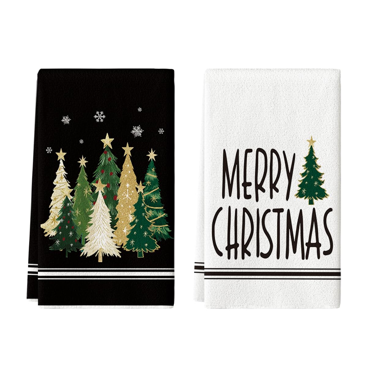 Photo 1 of *PINK* Artoid Mode Black Xmas Tree Merry Christmas Kitchen Towels Dish Towels, 18x26 Inch Farmhouse Star Snowflakes Decoration Cleaning Set of 2