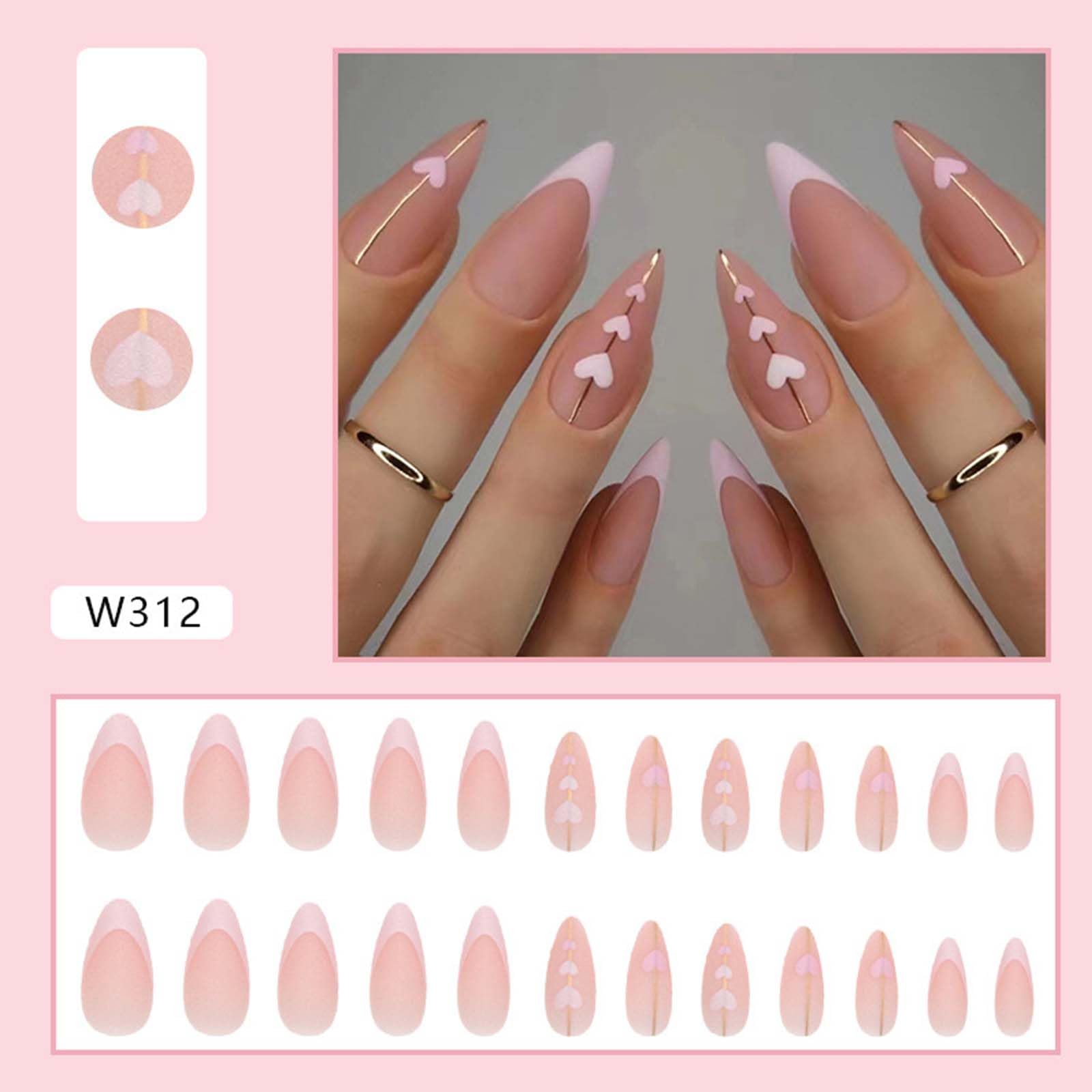 Medium Press on Nails Almond Fake Nails Pink French Tip False Nails with Heart Design Cute Acrylic Nails Full Cover Artificial Nails Glue on Nails Stick on Nails for Women Manicure 24Pcs - Image 2