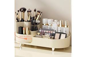 Onewly 360° Rotating Makeup Organizer, Vanity Display Case for Cosmetic, Brush, Lipstick and Cream (Cream White(Large))