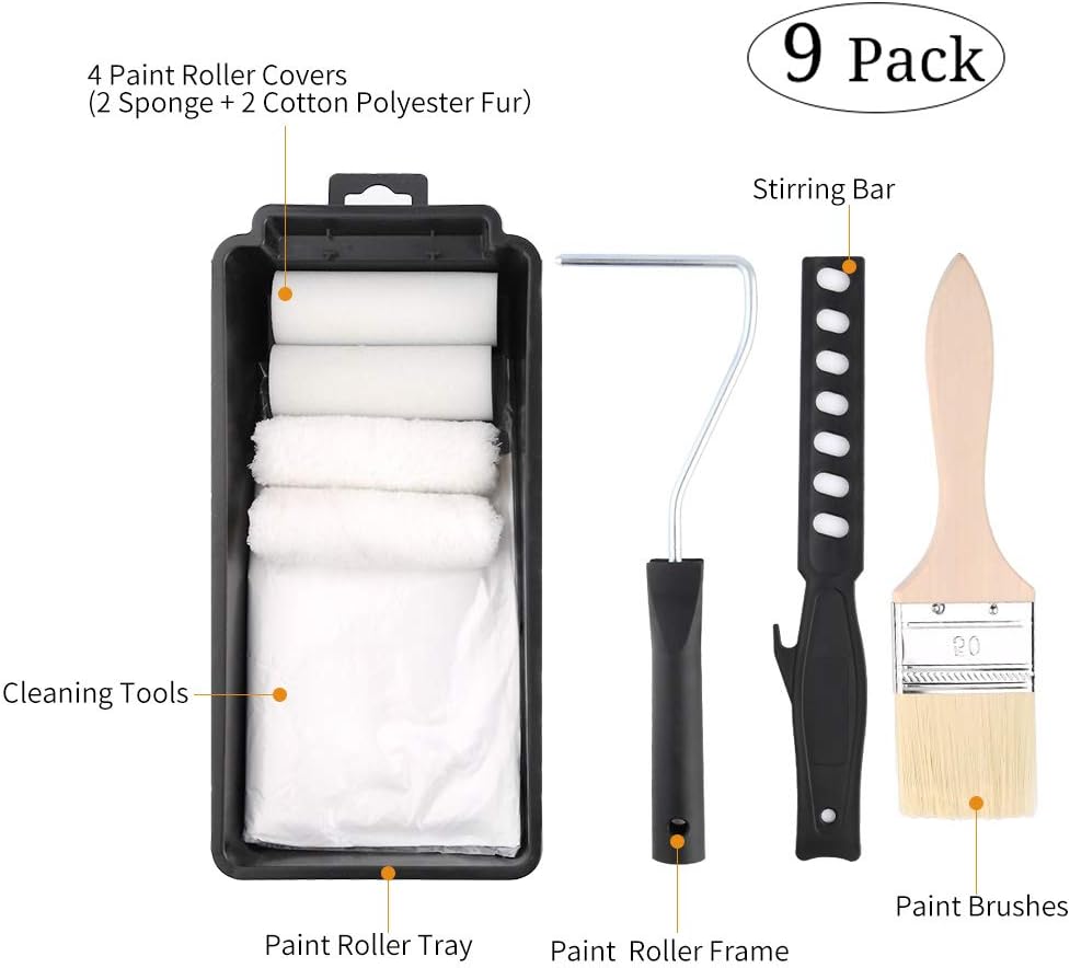 Paint Roller, Paint Tray, 9 PCS Paint Roller kit, House Painting Tray, Paint Roller Frame, Paint Covers, Roller Paint Brush, Painting Tools for Walls - - 