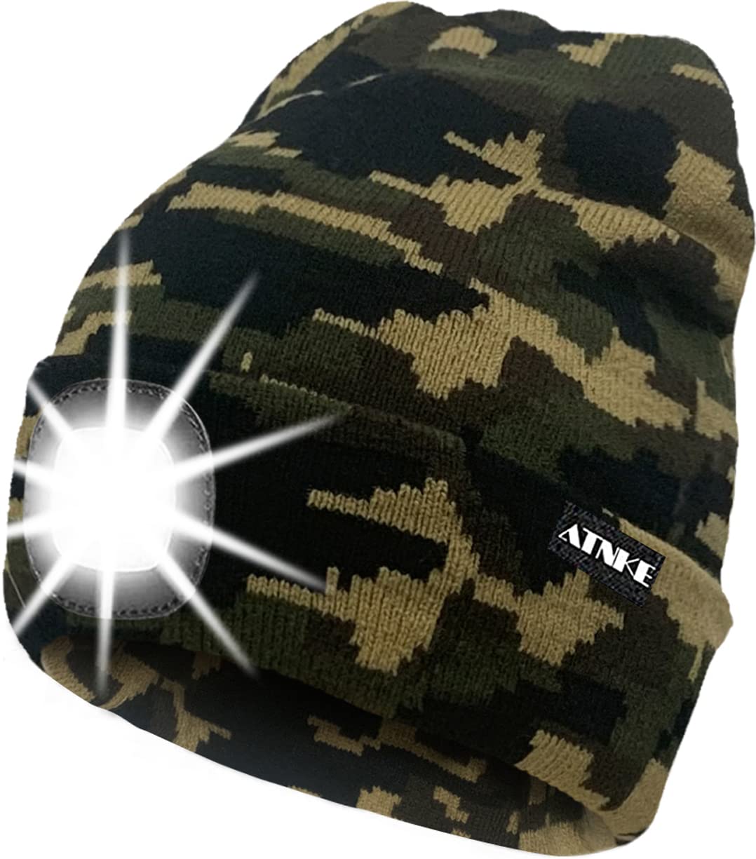 ATNKE LED Lighted Beanie Cap,USB Rechargeable Running Hat Ultra Bright 4 LED Waterproof Light Winter Warm Gifts for Men and Women/Camouflage Green
