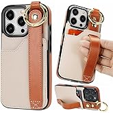 uCOLOR for iPhone 16 Pro Case with Wrist Strap Card Holder Key Ring for Women Girls Cute Design with Leather Wallet Credit Holder Cardholder Strap Stand Wristband for Apple 16 Pro (Beige & Brown)