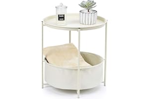 TOOLF End Table, Metal Nightstand, Sofa Side Snack Table, Coffee Round Table with Detachable Tray Top and Fabric Storage Basket, Scandi Style Table for Living Room Bedroom (Cream)