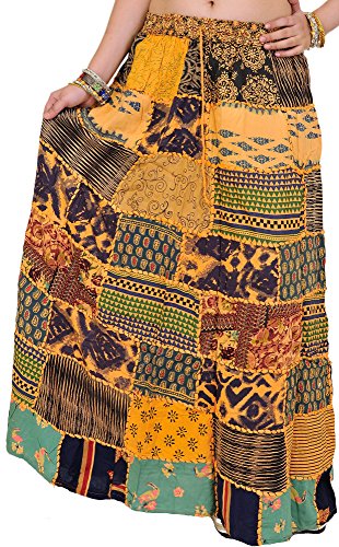Exotic IndiaLong Printed Dori Skirt from Gujarat with Patch Work - Rayon