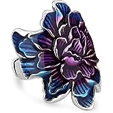 Handmade Big Resin Enamel Flower Ring,Adjustable Open Silver Wide Cocktail Party Gypsy Hippie Floral Ring for Women