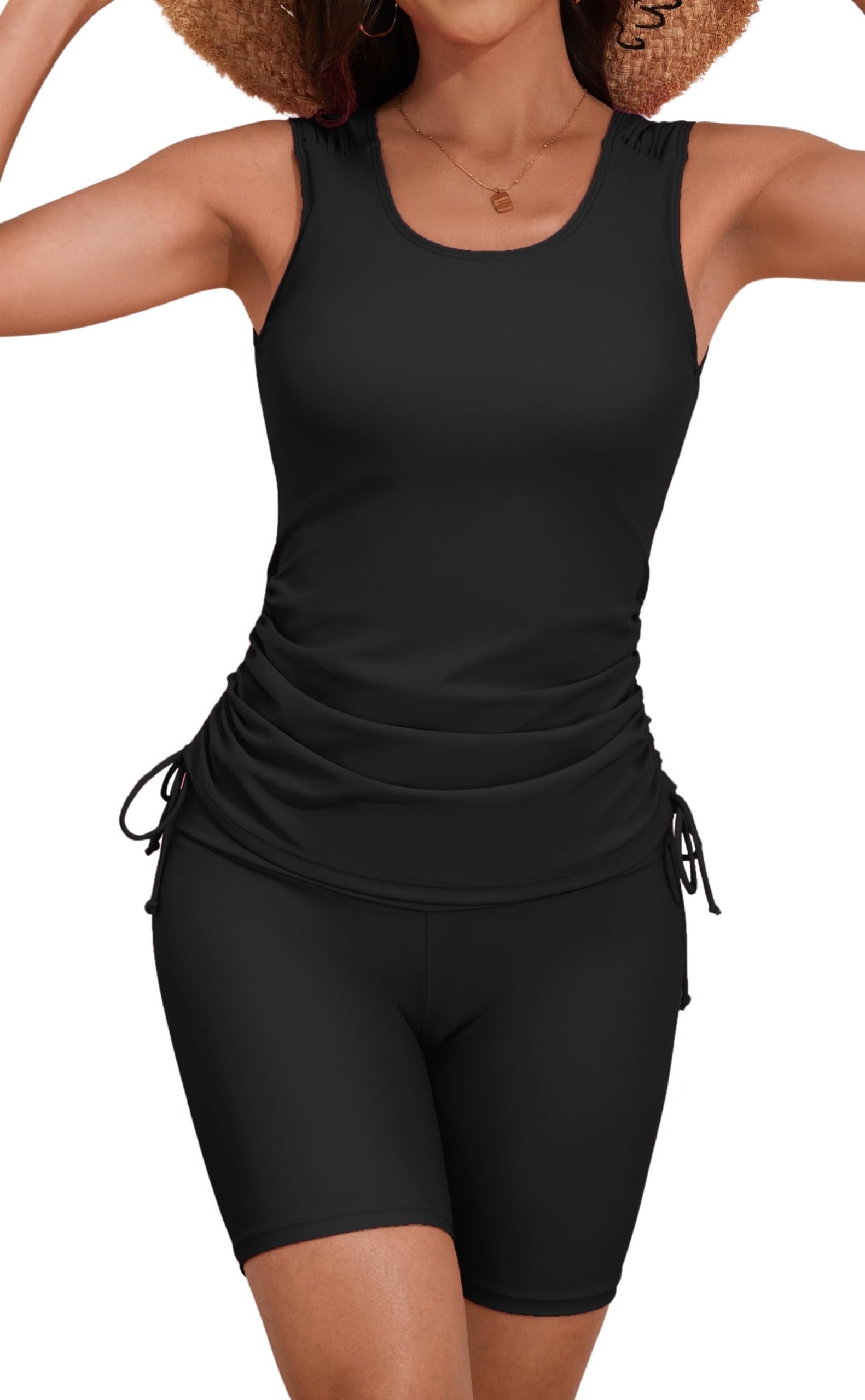 Photo 1 of B2prity Tankini Swimsuits for Women Tummy Control Two Piece Bathing Suit Tank Top with Shorts Side Tie Swimwear Black