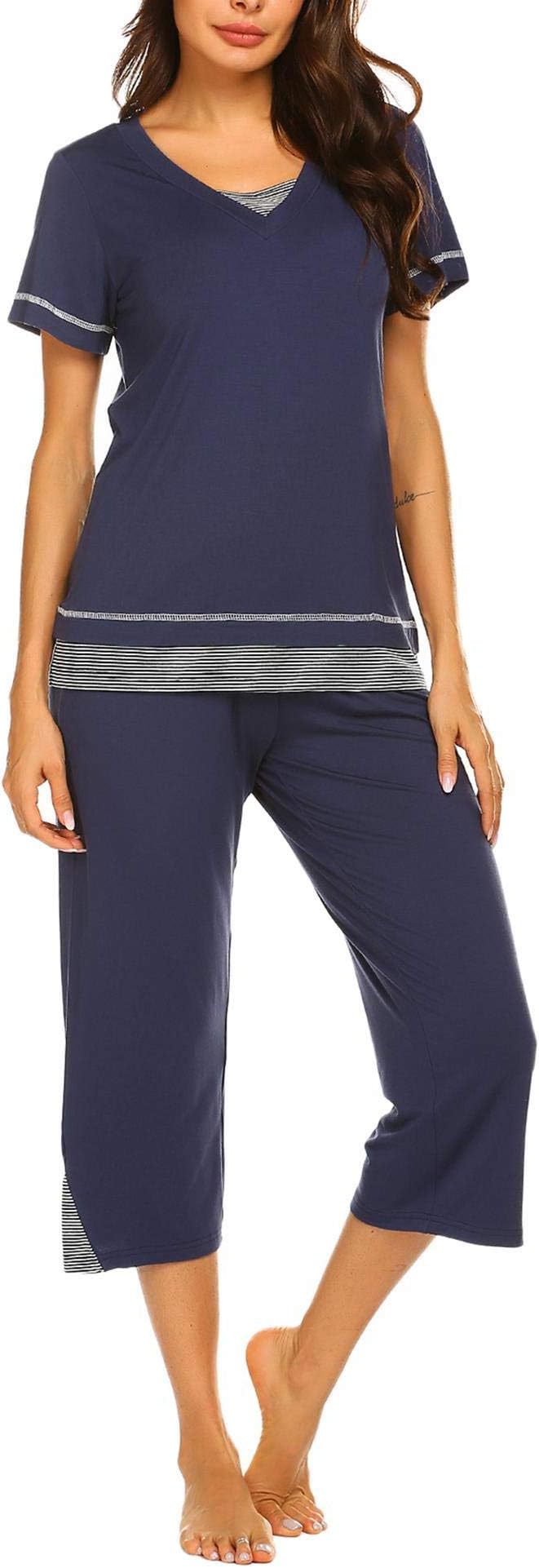 EkouaerWomen's Pajama Set Short Sleeve Shirt and Capri Pants Sleepwear Pjs Sets Soft Sleepwear