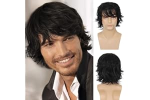 Wiwige Mens Black Wig Short Layered Natural Fluffy Wig Synthetic Heat Resistant Halloween Cosplay Hair Wig