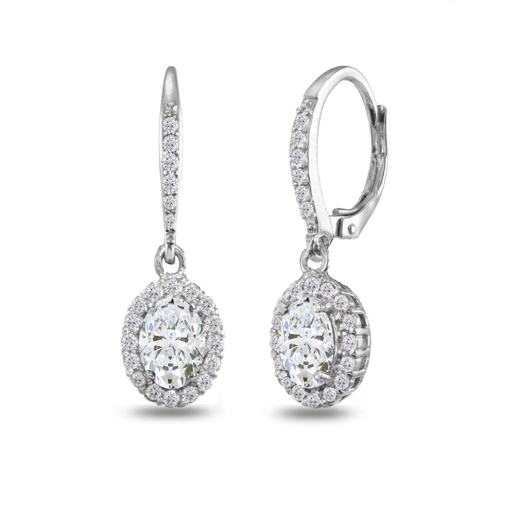 925 Sterling Silver Cubic Zirconia Oval Dangle Halo Leverback Earrings