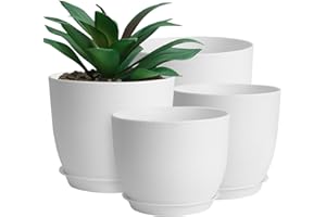 Whonline Plastic Plant Pots, 4 Pack 10/9/8/6 Inch Large Planters White Flower Pots for Indoor Outdoor Plants with Drainage Hole and Tray, Modern Decorative Pots for Home Garden