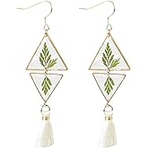 Handmade Real Fern Leaf Earrings, Green Leaves Pressed Leaf Natural Dangle Drop Earrings - 24K Gold Plated Lightweight Green Dried Leaves Resin Jewelry, Birthday & Valentine's Gift