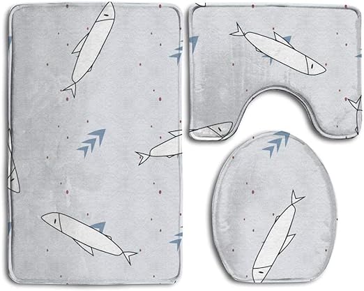 Juego de alfombras de baño, diseño de Peces, Color Azul, Blanco