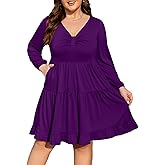Manllenshie Women's Plus Size Casual Work Dress Long Sleeve V Neck Flowy with 2 Pockets Boho Tiered Ruffle Hem Dresses