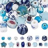 SUNNYCLUE 1 Box 66Pcs Mixed Ceramic Beads Blue and White Ceramic Beads Porcelain Assorted Star Round Square Printed Loose Spacer for Jewelry Making DIY Finding Crafts Necklace Bracelet Supplies Women