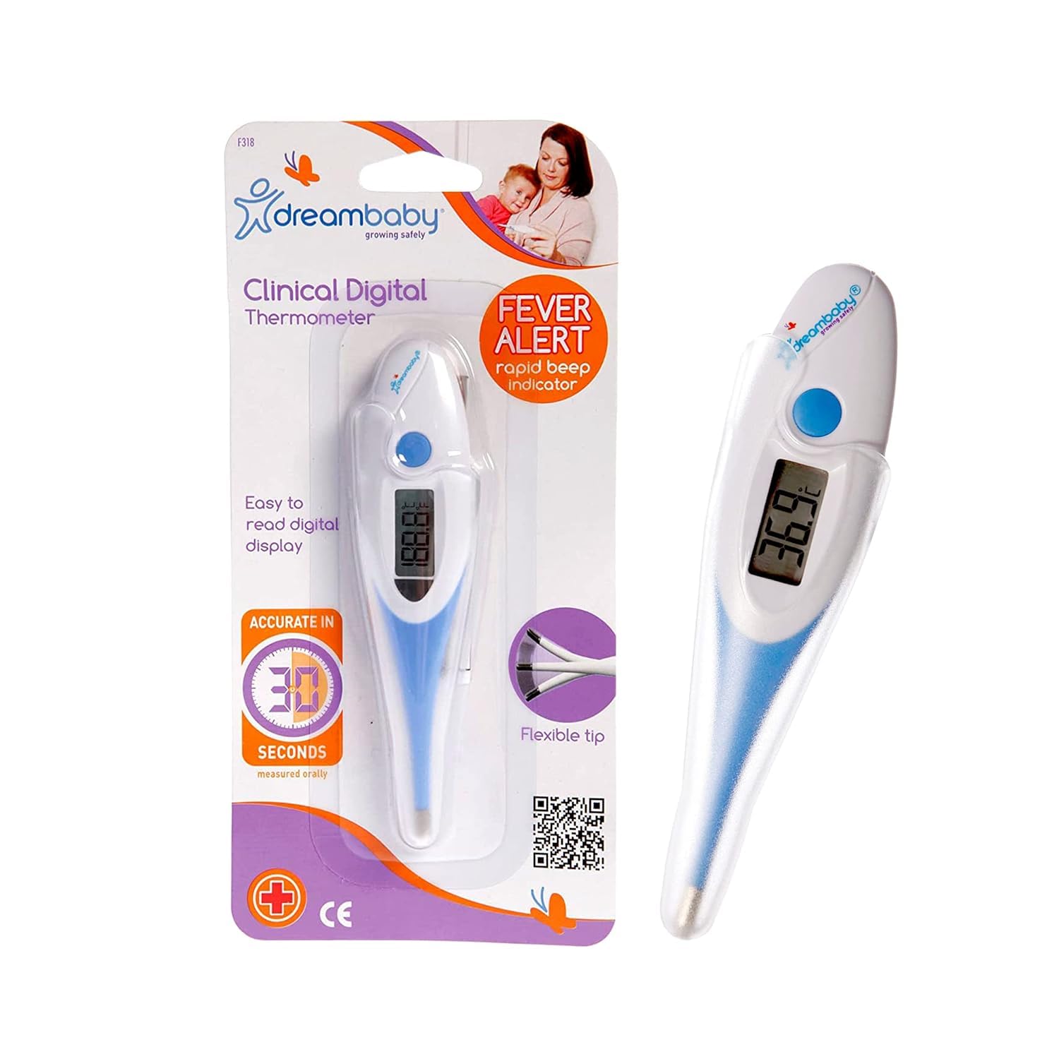 Dreambaby Clinical Digital Oral Thermometer - Accurate Temperature Reading in 30 seconds - With Fever Alert Sound Feature - Suitable for Infants, Toddlers & Adults - Blue - Model F318