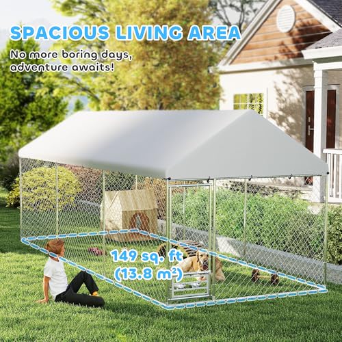 PawHut Outdoor Dog Kennel with Roof, Heavy Duty Dog Run Outdoor Fence Cage with Adjustable & Rotating Bowls, Water-Resistant UV-Resistant Cover, Secure Lock, 19.7' x 7.5' x 7.5'
