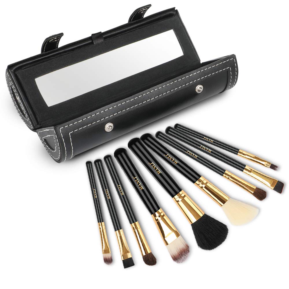 Makeup Brush Set with Case, MANLI 9 Pcs Professional Makeup Brushes Set with Blush Contour Foundation Eyeshadow Eyeliner brush, Makeup Brush Case Organizer with Mirror for Travel