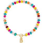 NIKOLUX Colorful Initial Necklaces for Women Chunky Resin Beaded Toggle Necklace 14K Gold Plated A-Z Bubble Letter Pendant Necklace Trendy Summer Beach Handmade Jewelry Gift