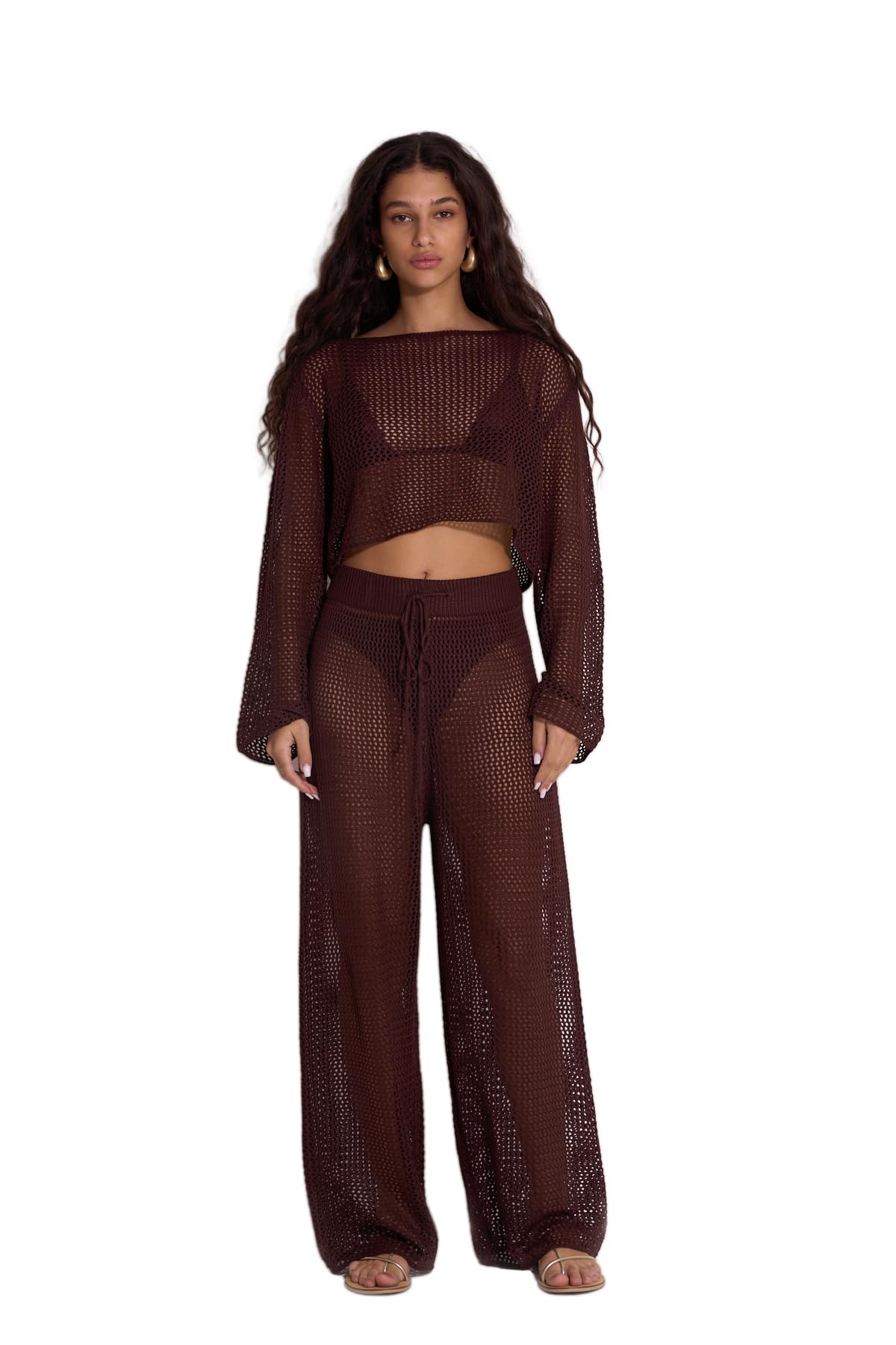 Photo 1 of ** UNKNOWN SIZE*** Gottex Women's Standard Life Anna Two Open-Knit Crochet Textured Beach Cover-up Pants, Drawstring Waist, Dark-Brown