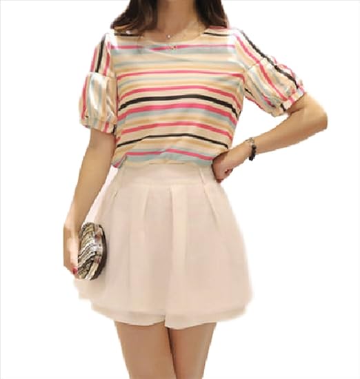 Amazon 25レディ ス ツーピース 上下セット スカート ミニ ストライプ ふんわり ふわふわ ゆったり かわいい きれいめ 白 ゆめかわいい ゆめかわ お嬢様 おしゃれ フレア 半袖 春夏 L スカート 通販