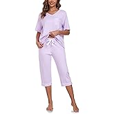 COLORFULLEAF Womens Pajama Sets 100% Cotton Summer Pj Set Capri Pants Sleepwear 2 Piece Lounge Set with Pockets