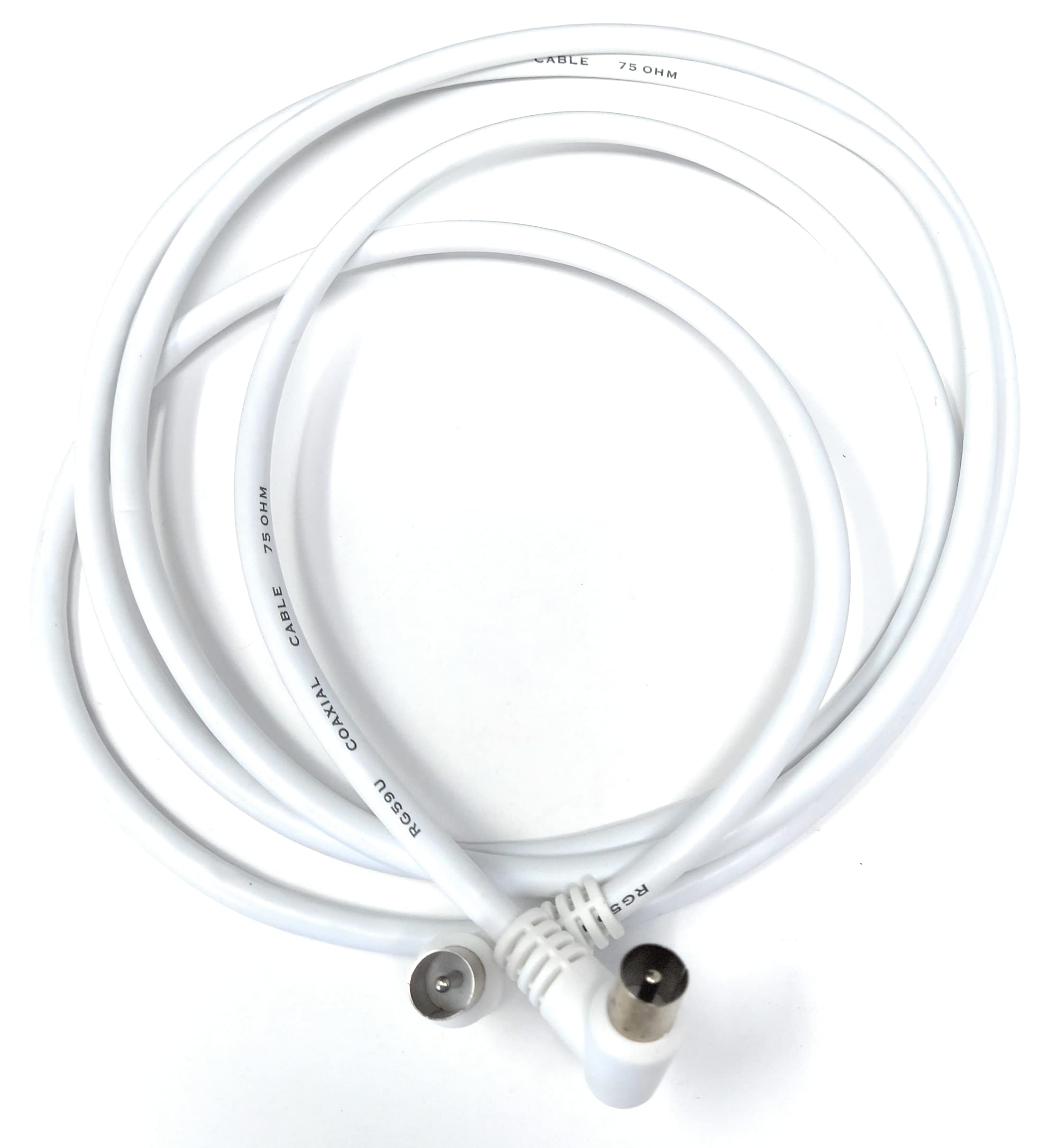 DRUT 2m TV RF Right Angle 90' Male Plug to Male Plug Coaxial TV Freeview Cable Lead 75 Ohm 6.5ft White