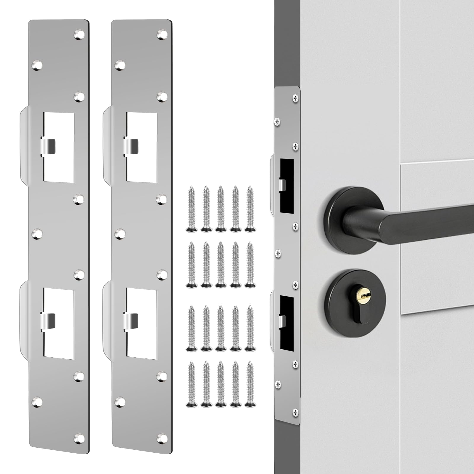 Metal Latch Plate Door Lock, Double Holes Door Latch Security Plates Reinforcement Door Striker Plates for Interior Door, Security Door Lock for Bathroom and Toilet Doors (2Pack - Silver)