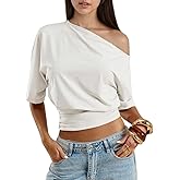 LOFAAC Women Y2K Off The Shoulder Ruched Crop Top Casual Basic Asymmetrical Short Sleeve Going Out Cropped Tee Shirt