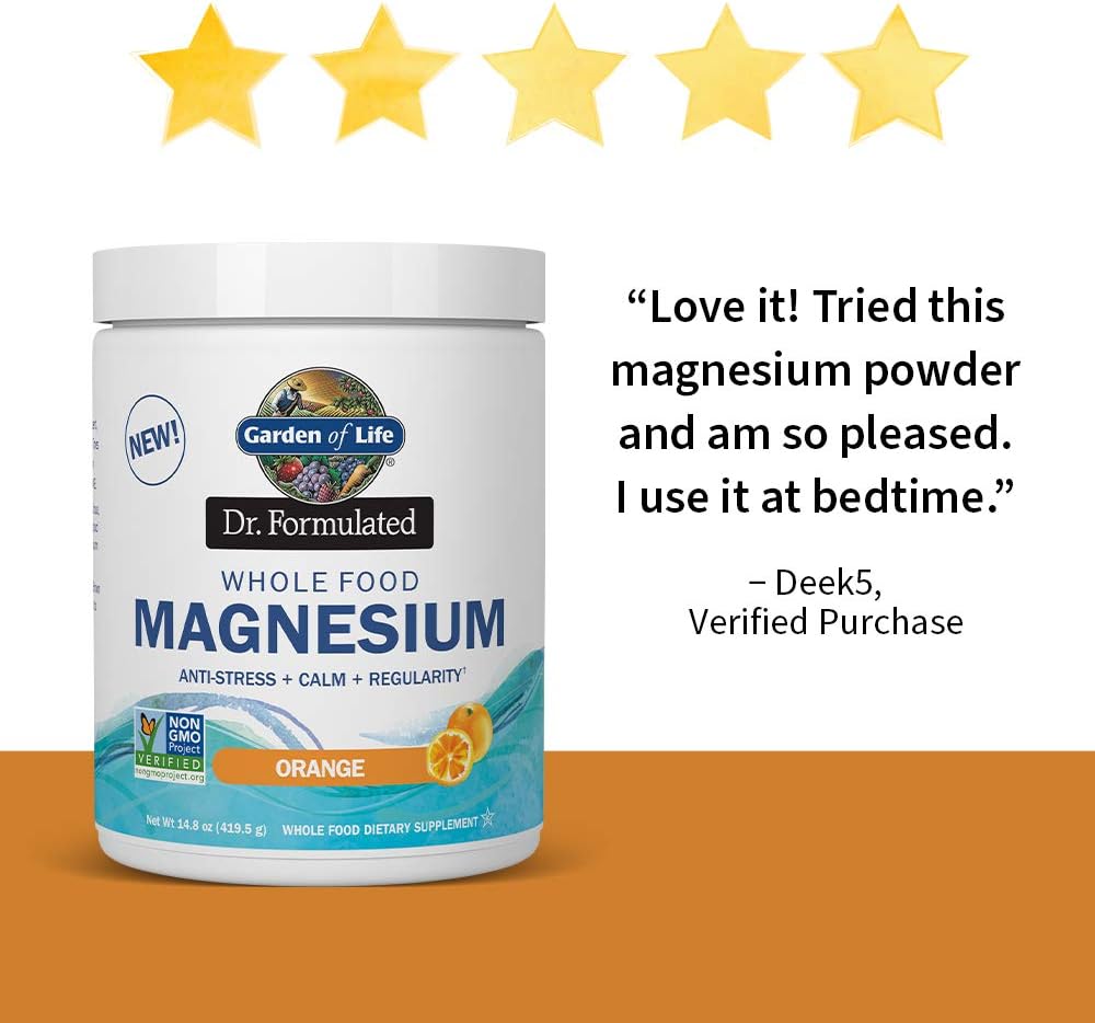 Garden of Life Dr. Formulated Whole Food Magnesium 419.5g Powder - Orange, Chelated, Non-GMO, Vegan, Kosher, Gluten & Sugar Free Supplement with Probiotics - Best for Anti-Stress, Calm & Regularity: Health & Personal Care