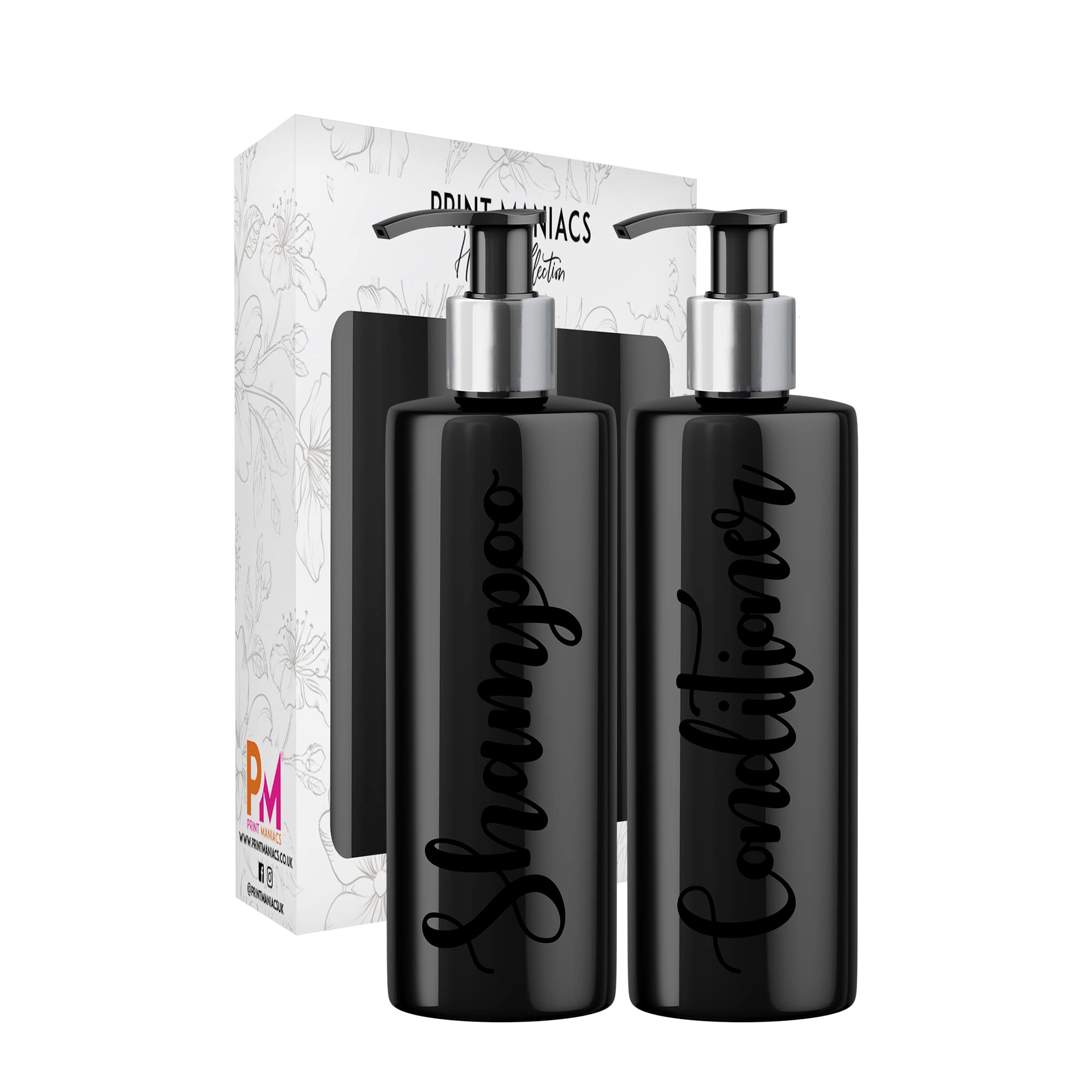 Print Maniacs 2 Set Mrs Hinch Inspired Black Personalised Dispenser Pump Bottles Shampoo Conditioner (Black)