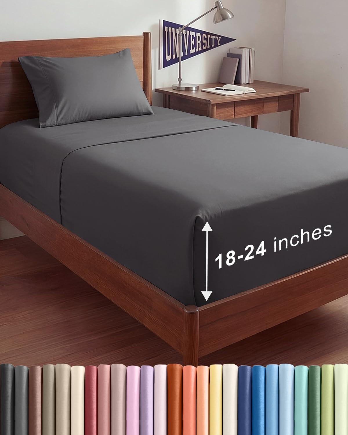 Extra Deep Twin XL Sheet Set - 3 Piece Breathable & Cooling - Dark Grey