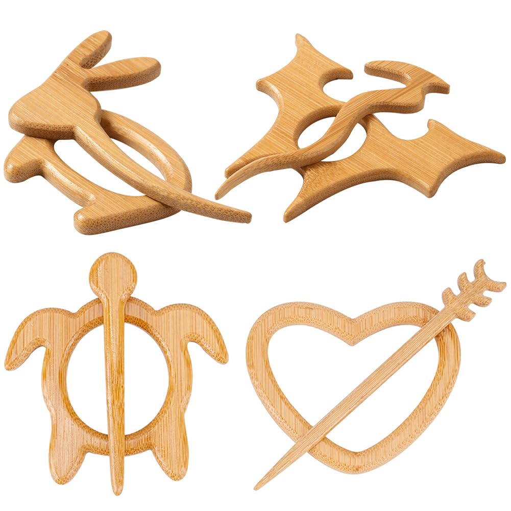 GORGECRAFT 4 Styles Wooden Animal Shape Brooch Pin Handmade Wooden Brooch Knitting Scarf Shawl Pins Stick Set Sweater Buckle for Home DIY Decoration Craft Costume Accessory Holiday Gifts