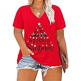 ForHailey Christmas Shirts for Women Plus Size Tops Merry Christmas Tree Tee Shirts 2024 V Neck Short Sleeve T-Shirt Christmas Letter Outfits Red 3X-Large