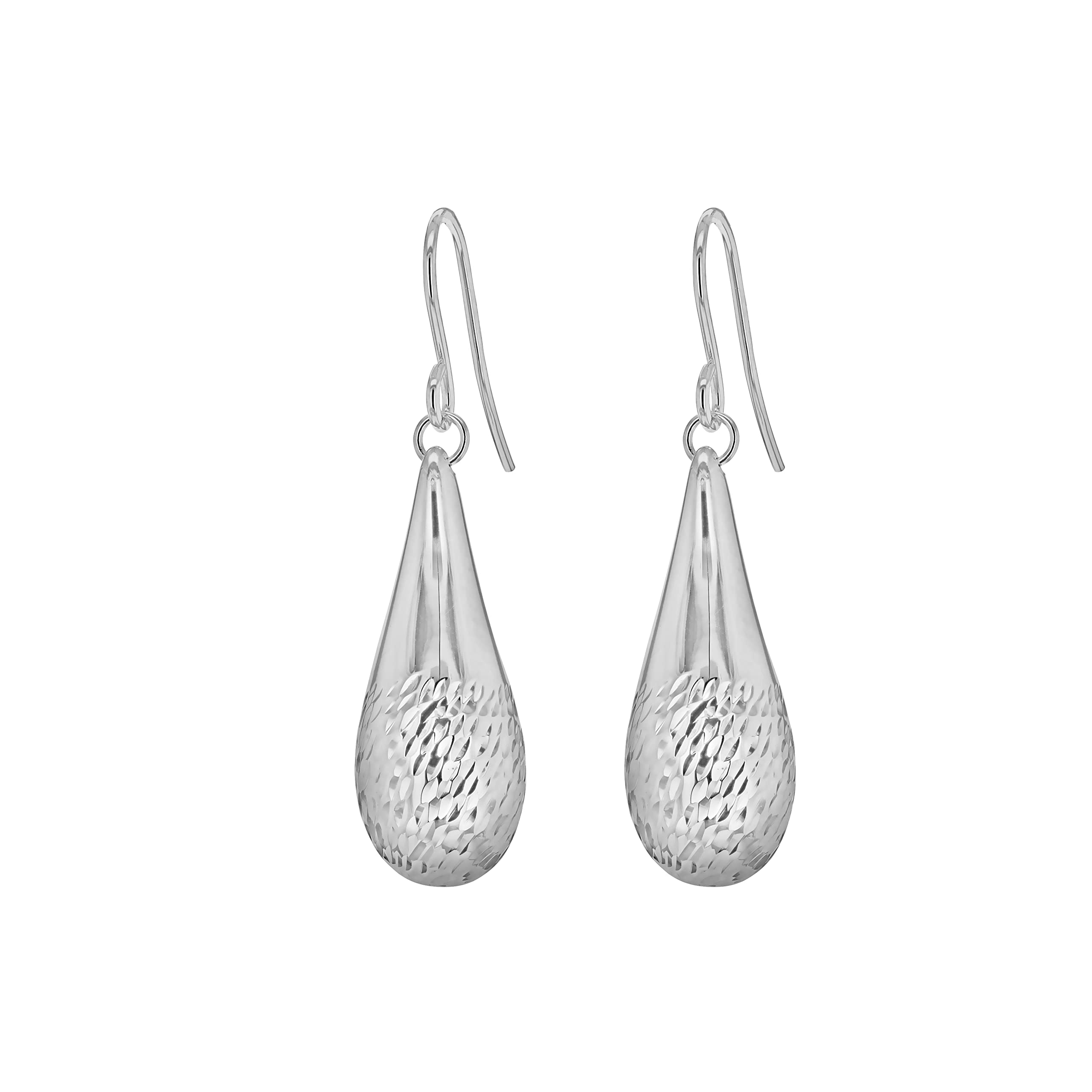 Tuscany Silver Women's Sterling Silver Rhodium Plated Diamond Cut Large Teardrop Earrings