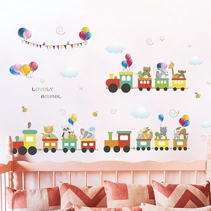 Amazon Com Ufengke Animal Train Wall Stickers Balloons Wall